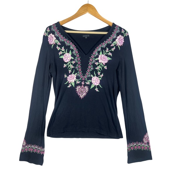 BOHO Lapis Black Floral Embroidered V Neck Long Bell Sleeve Blouse Top Medium M - Picture 1 of 12